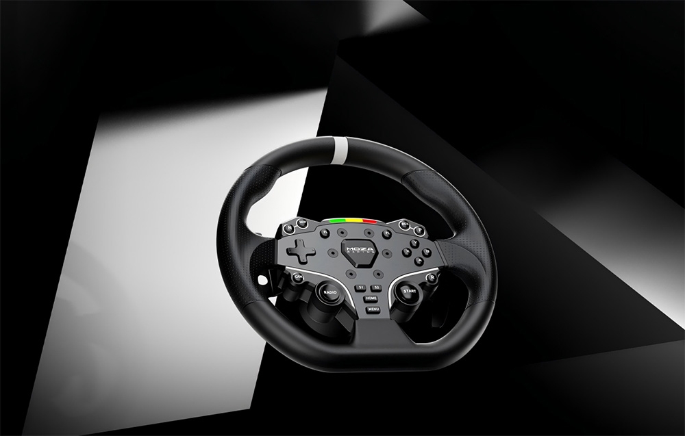 Czarna kierownica gamingowa z kolorowymi oznaczenaimi i białym napisem MOZA.