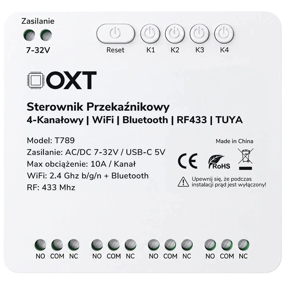 Sterownik przekaźnikowy 4-Kanały 10A 5V USB 7-32V WIFI BT RF 433 TUYA – Inteligentne zarządzanie domem