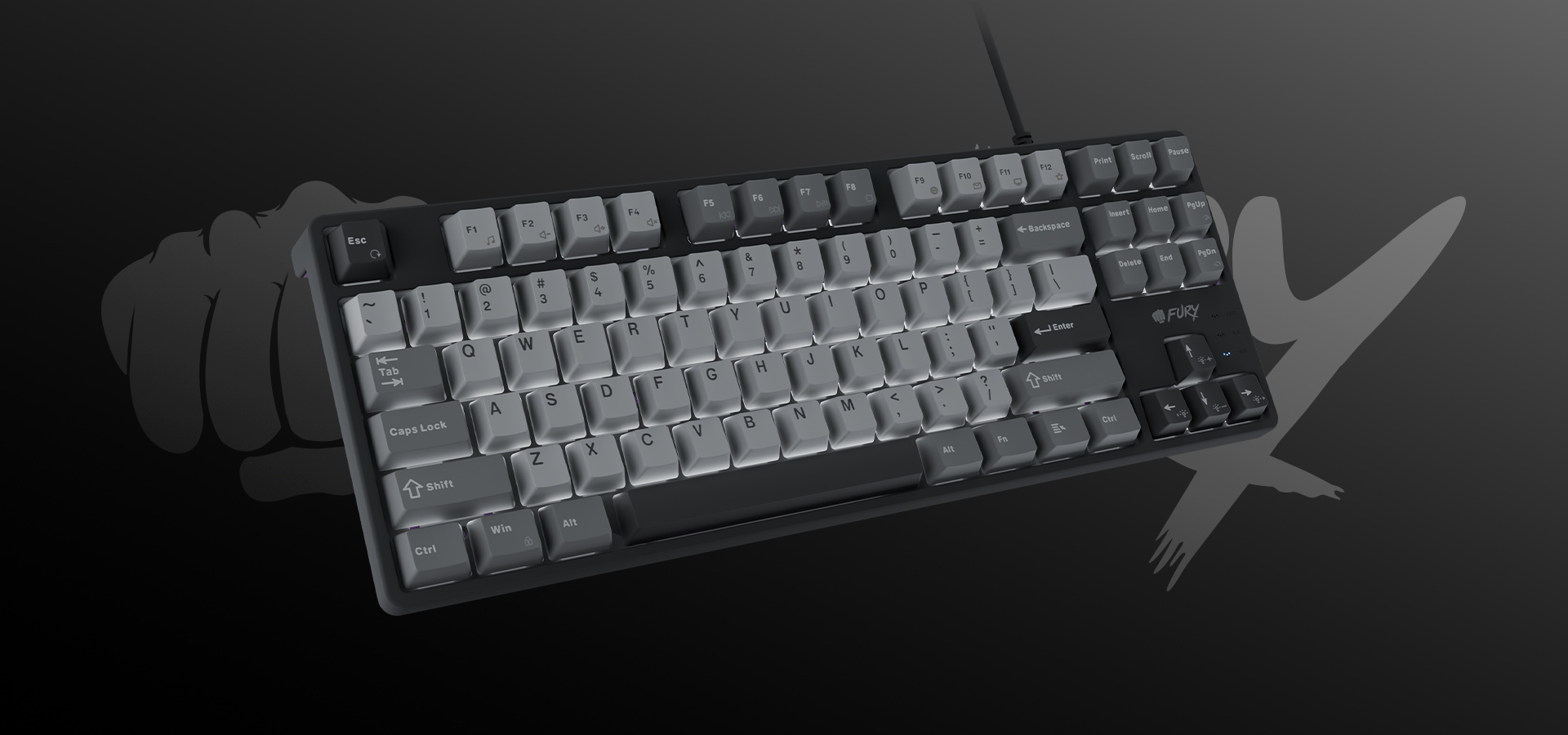 Klawiatura komputerowa z mieszanką szarych i czarnych klawiszy na ciemnym tle.