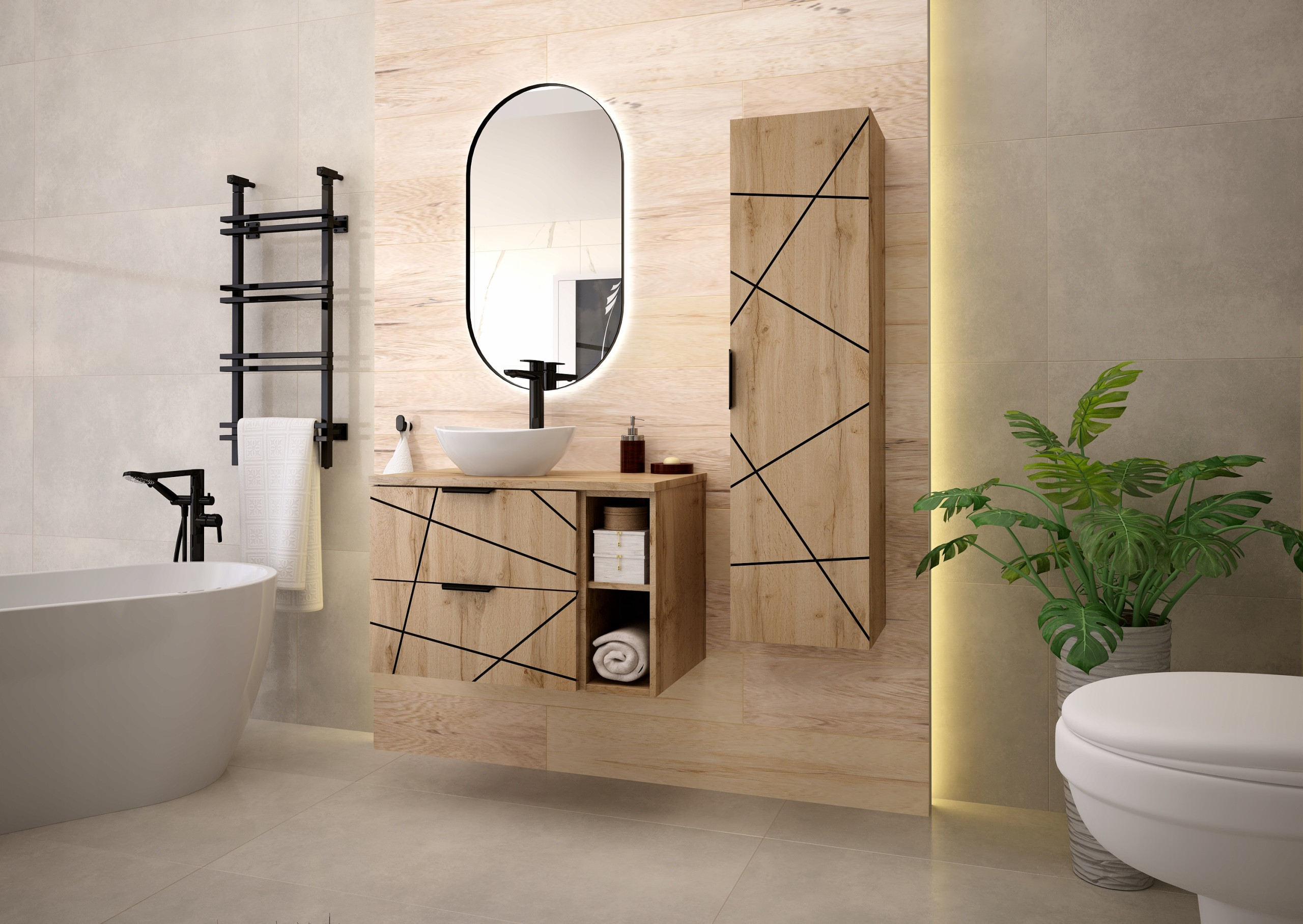 Szafka łazienkowa z regałem i czarnym blatem 80 cm WOOD – Elegancja i funkcjonalność w Twojej łazience