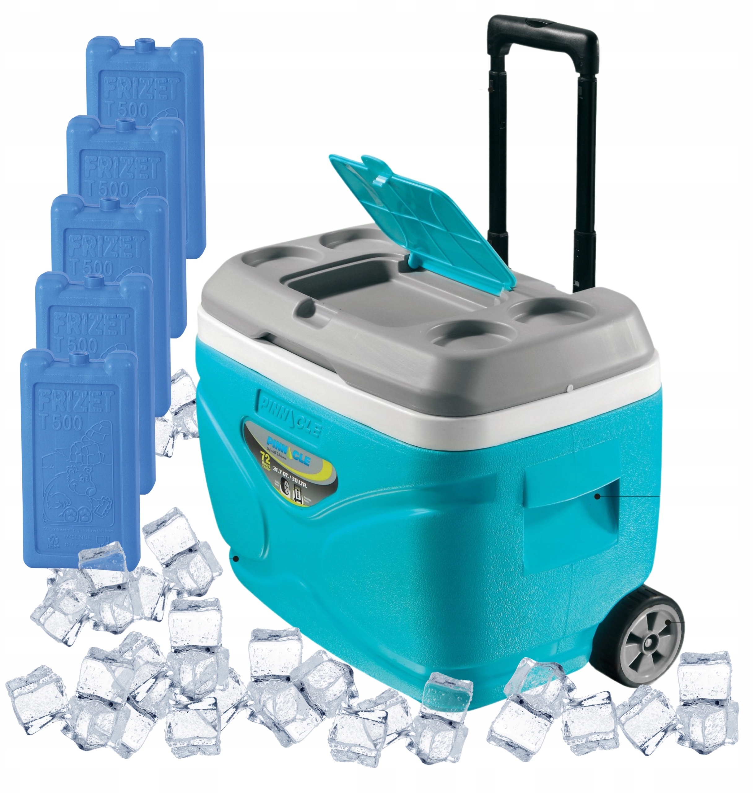Lodówka turystyczna na kółkach turkusowa Pinnacle 30L + 5 wkładów 500ml – Idealny towarzysz podróży