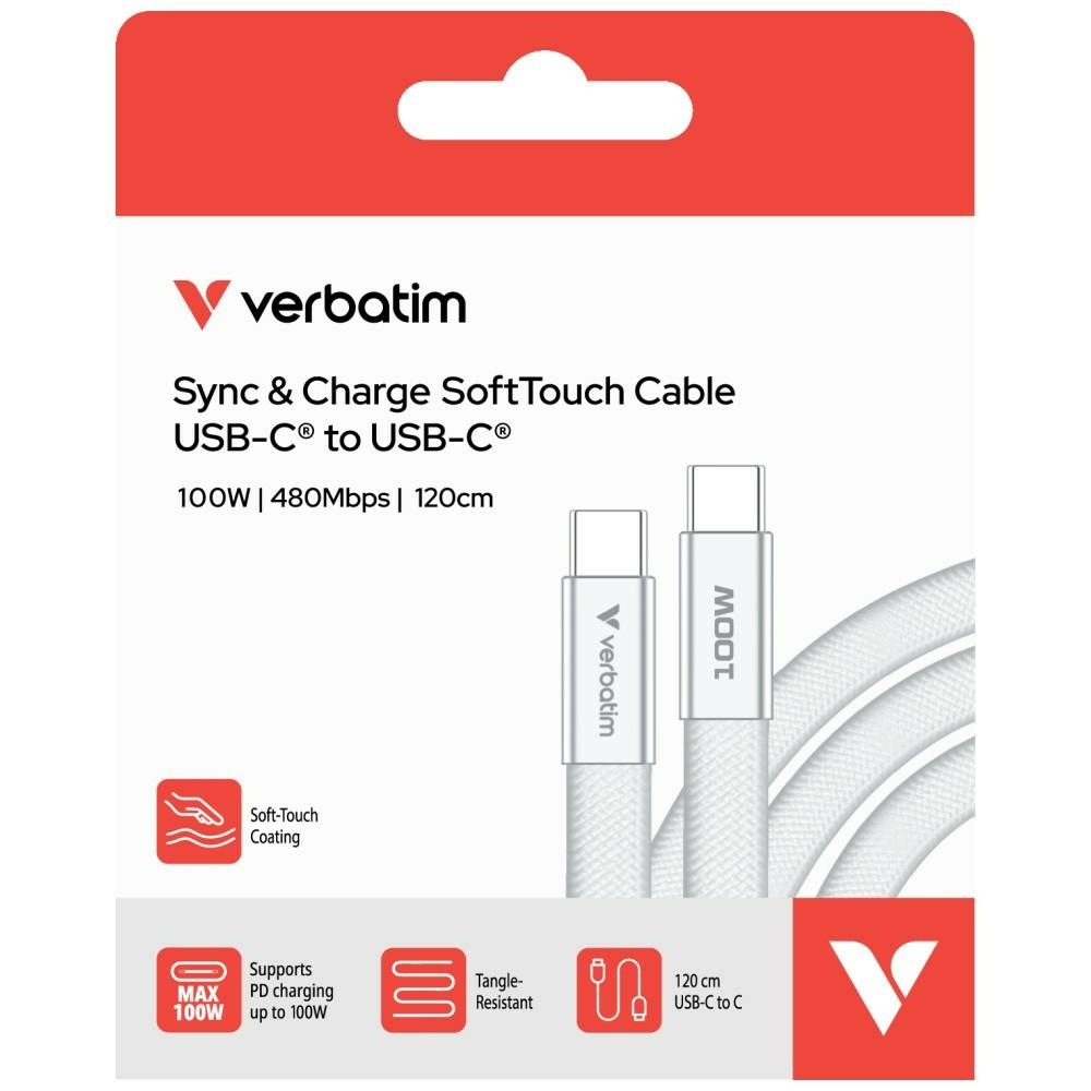 Kabel Verbatim Sync & Charge SoftTouch USB-C do USB-C 100W PD3.0 120cm – Wydajność i wygoda w jednym
