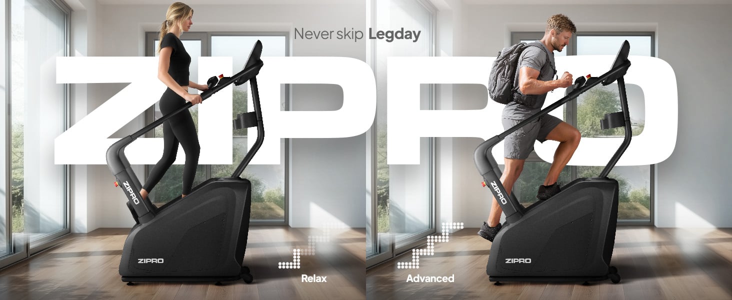 Kobieta trenująca lekkim tempem na ZIPRO Legday oraz mężczyzna wykonujący zaawansowany trening górski na stair climberze Legday.