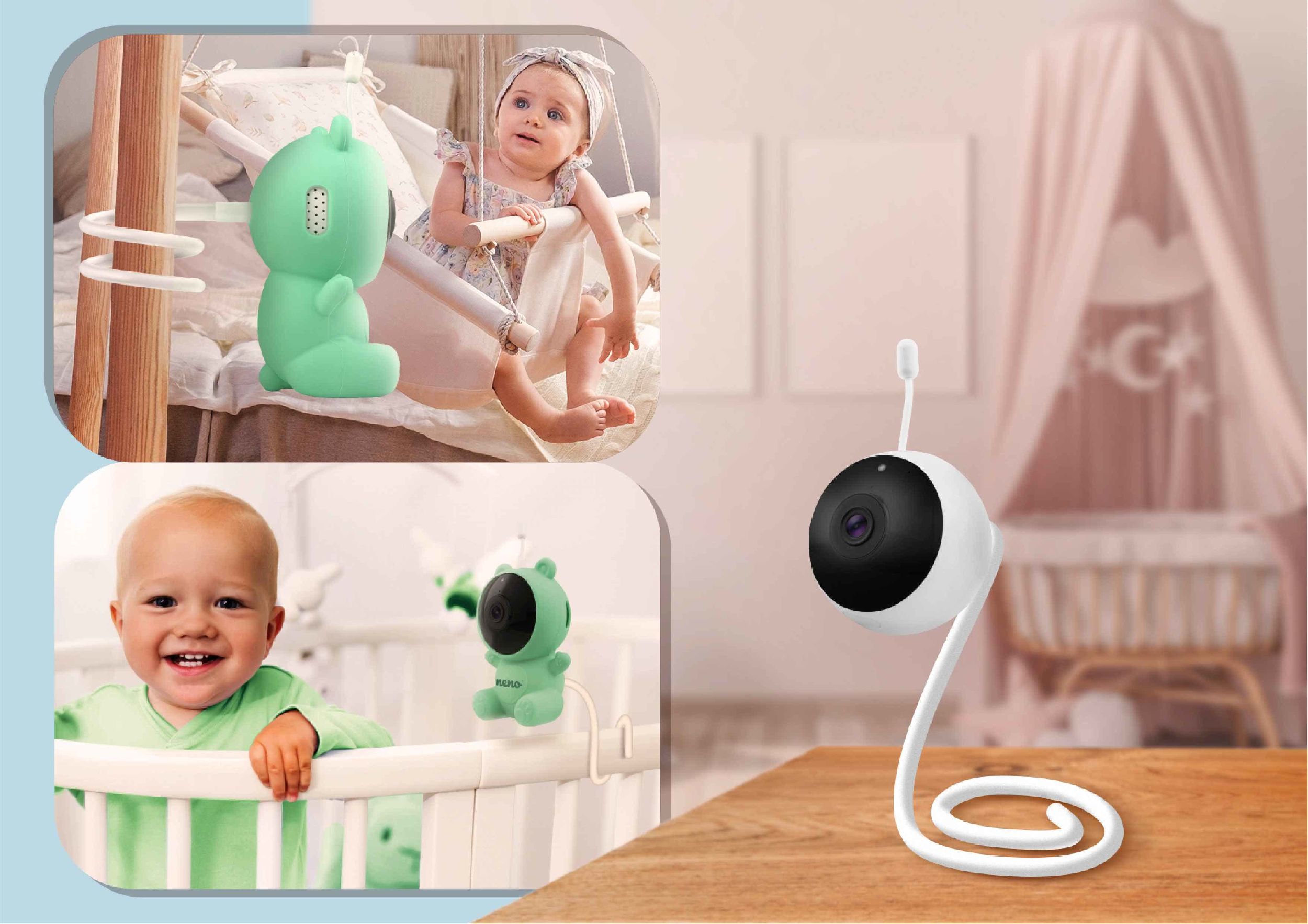 a modern camera with a minimalist look and children - one in a crib and the other in a swing