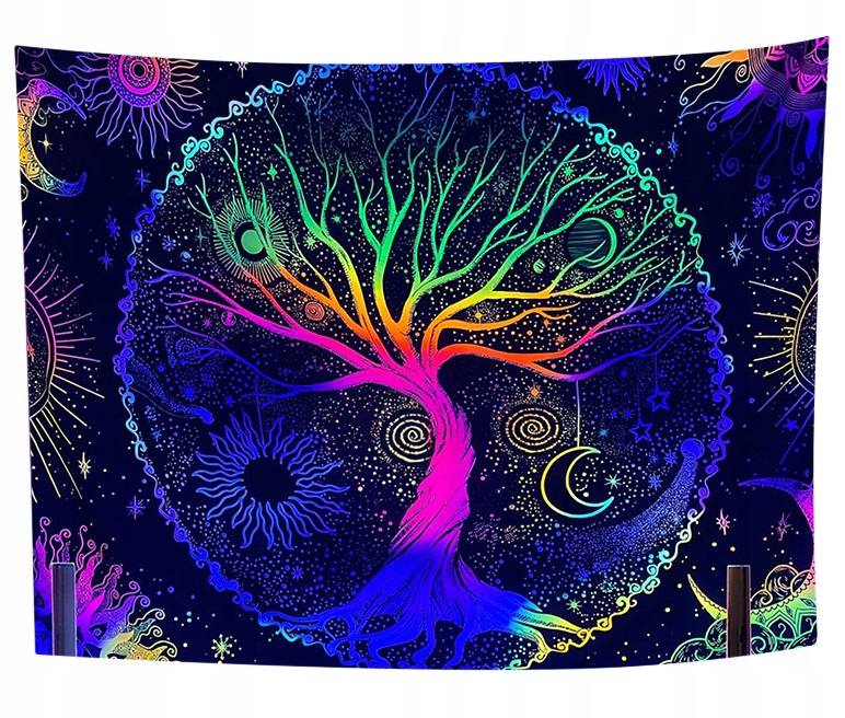 Dekoracja ŚCIENNA UV OBRAZ Fluorescencyjny GOBELIN ODBLASK Tęczowe Drzewo