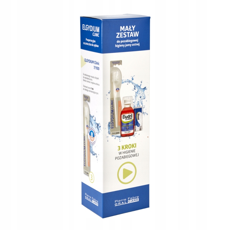 Zawartość zestawu: Płyn Eludril, szczoteczka Elgydium i żel Elugel