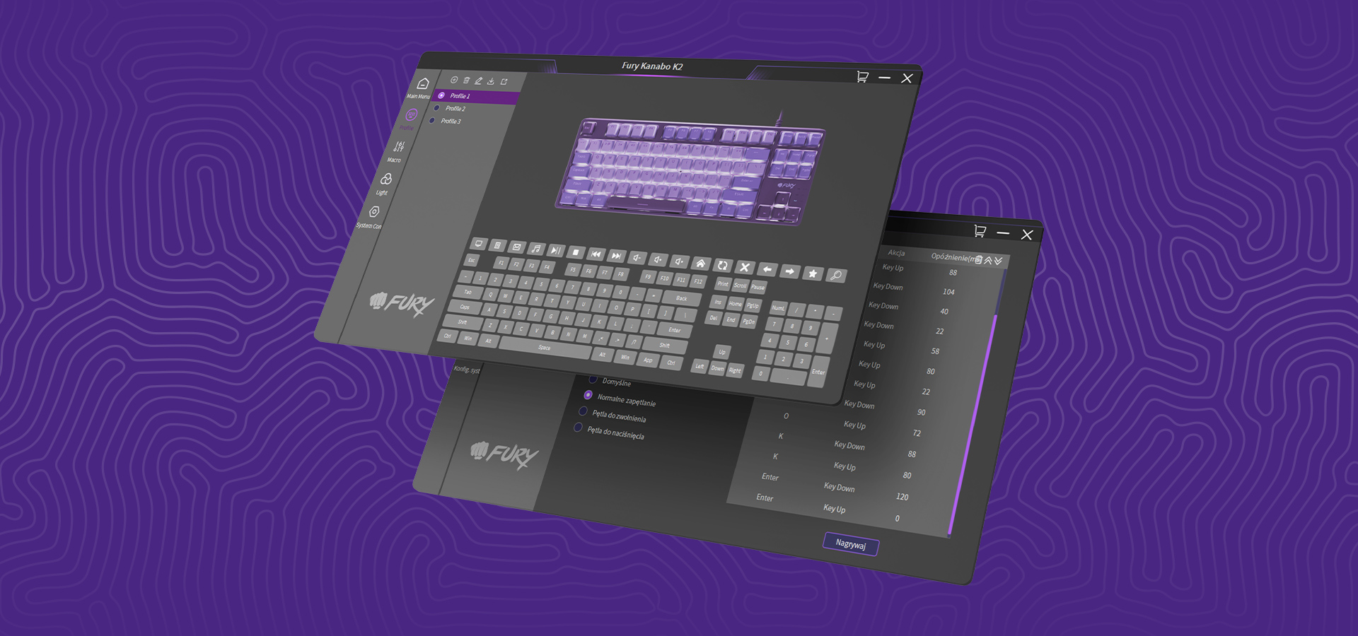Dwa okna oprogramowania pokazujące układy klawiatur na fioletowym tle z wzorami.