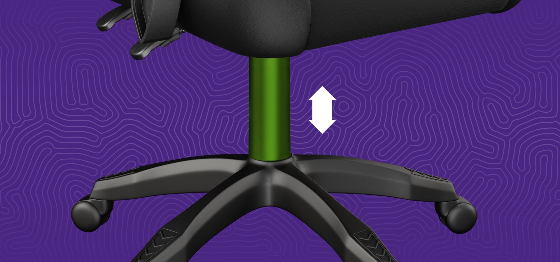 Regulowana podstawa fotela gamingowego z zielonym wspornikiem na czarnej ramie
