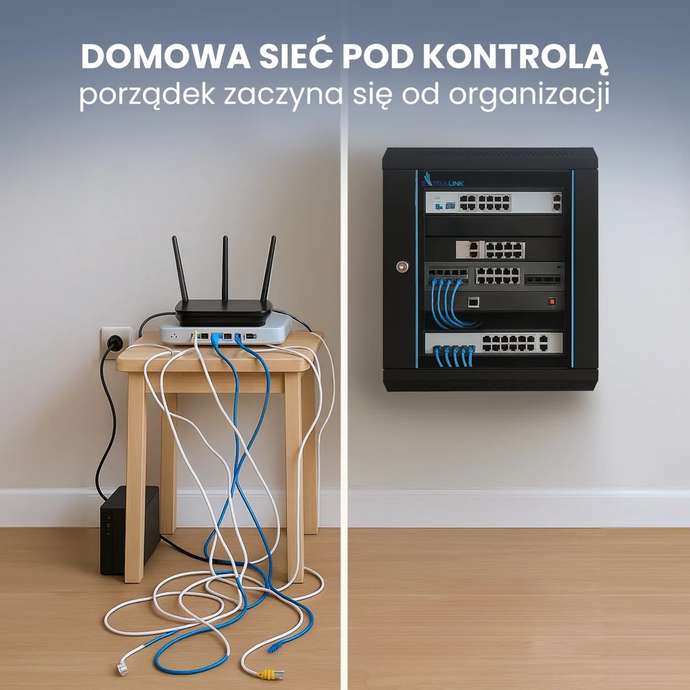 Porównanie chaotycznej domowej sieci z plączącymi się kablami i schludnie uporządkowaną siecią w profesjonalnej szafie serwerowej