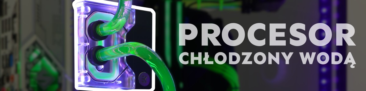 blok wodny procesora z odchodzącymi od niego wygiętymi rurkami. Fioletowe podświetlenie i zielony płyn.