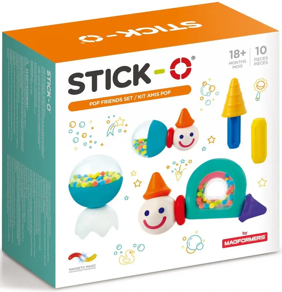 Klocki magnetyczne Stick-O Przyjaciele z grzechotkami 10 elementów – Zabawka edukacyjna dla najmłodszych