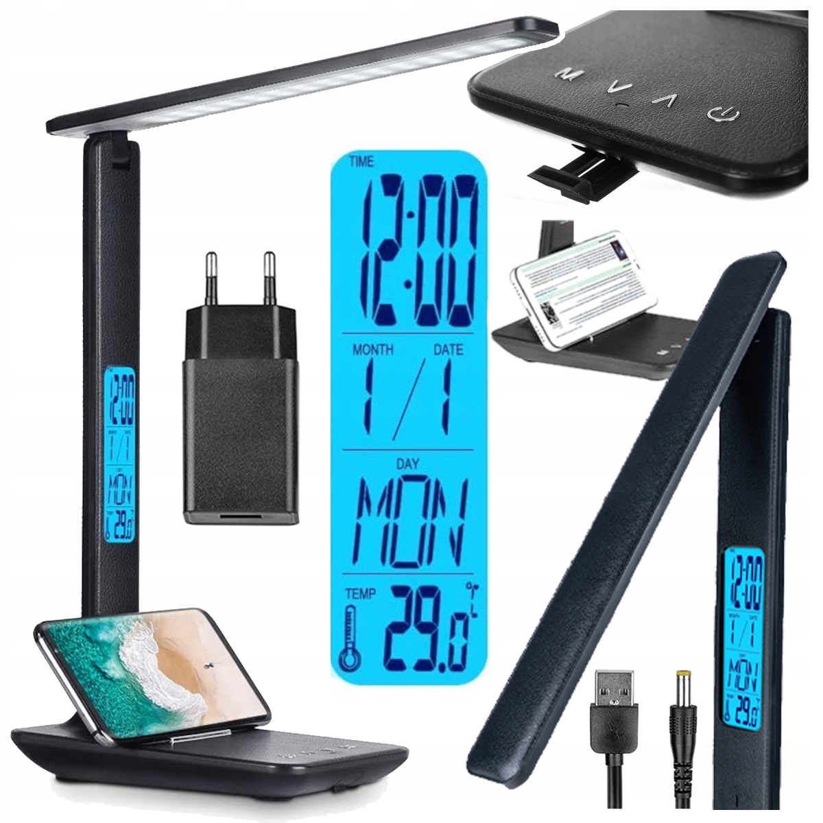 Lampka biurkowa Gotel K711N – Nowoczesne oświetlenie z zegarem i termometrem