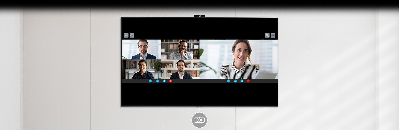Trzy funkcje Multi View zostają rozwinięte i pokazane. W trybie Side by Side u dołu jest widoczny piktogram aparatu i są ukazane dwa ekrany podczas rozmowy wideo. W trybie Picture in Picture u dołu jest widoczny piktogram aparatu i widzę siebie podczas kopiowania ćwiczenia wideo. W końcu w trybie Dual Monitor jest widoczny piktogram i są pokazane dwa ekrany z dokumentami powiązane z komputerem.