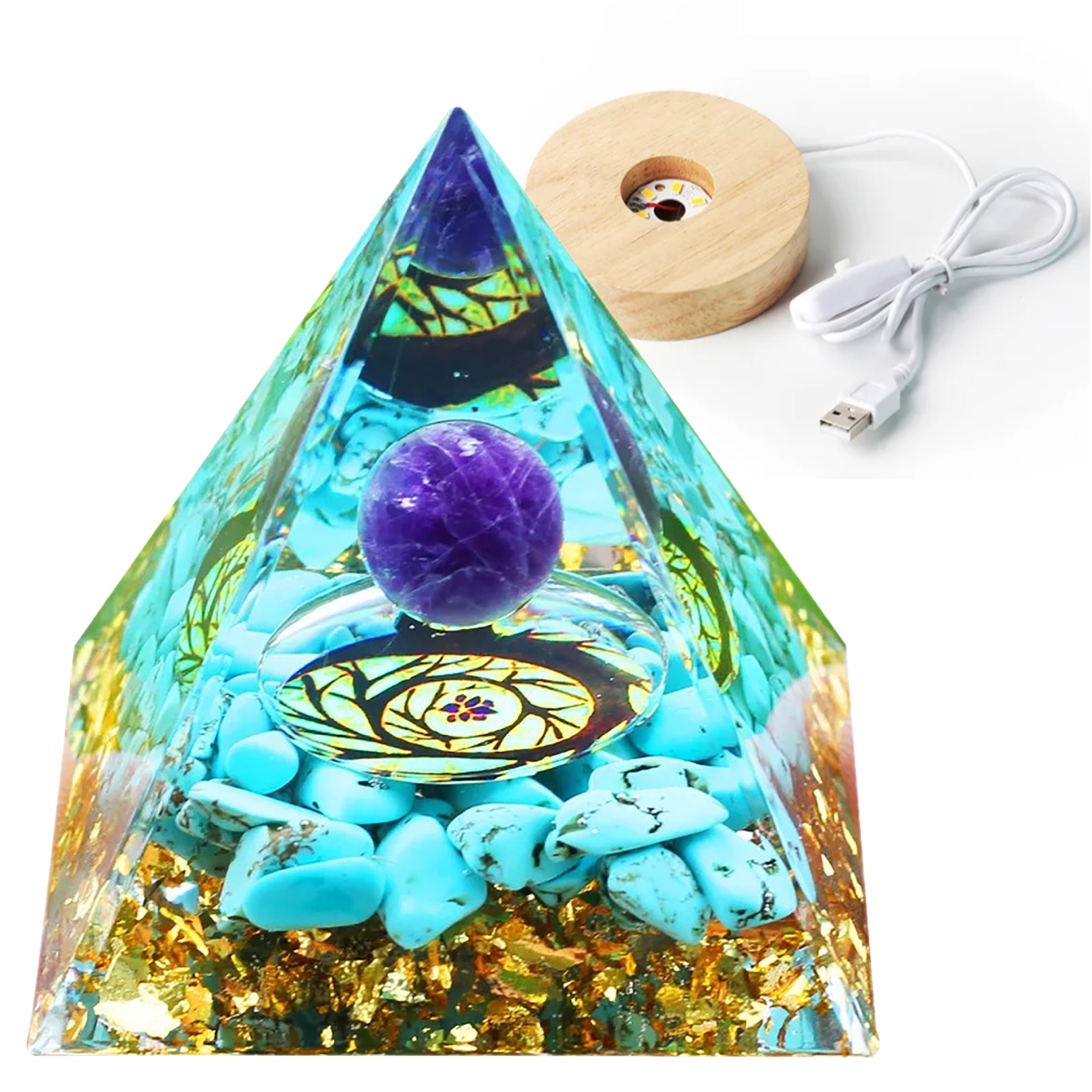 Piramida ORGONIT + LED Lampka PODSTAWA 5cm KRYSZTAŁ KAMIENIE AMULET 5cm HX18 – Magia w Twoim wnętrzu