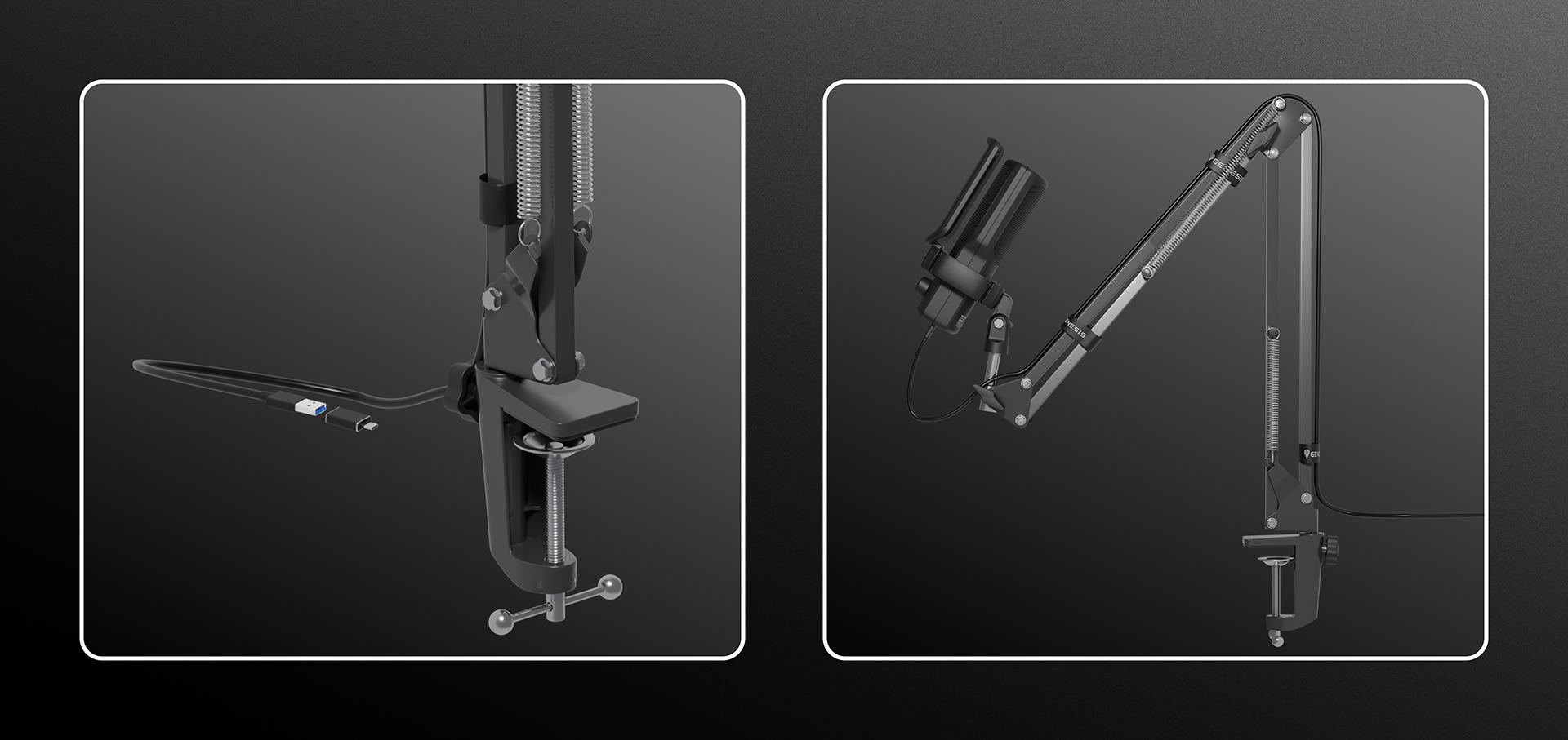 Czarne ramię mikrofonu USB z regulowanymi przegubami i zaciskiem do mocowania, prezentujące elegancki wygląd i funkcjonalność.