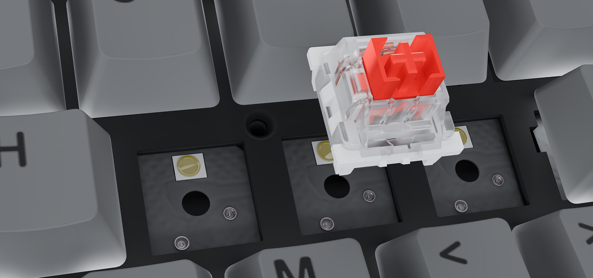 Zbliżenie na przełącznik klawiatury mechanicznej nad otworem klawisza na klawiaturze.