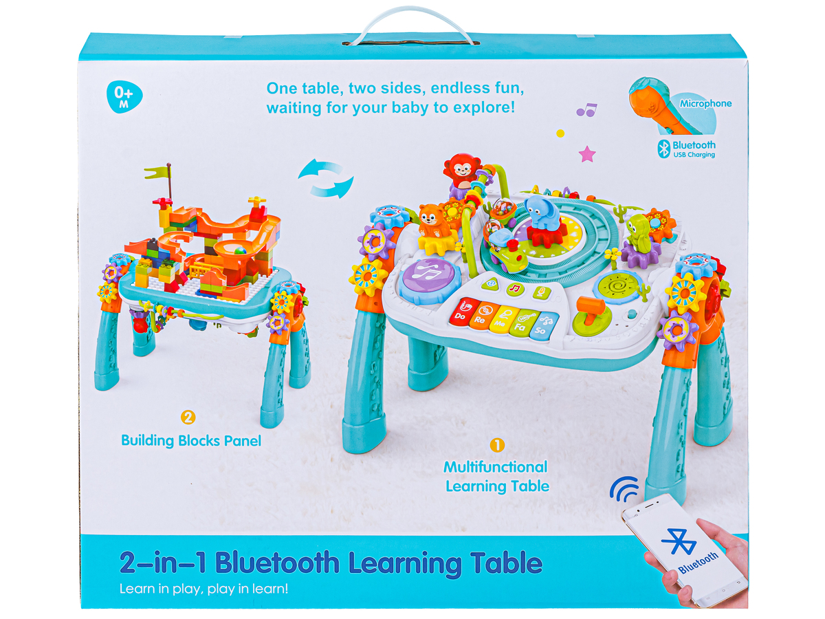 Stolik edukacyjny 2w1 Pianino Klocki Tor Kulowy Ciuchcia Mikrofon Bluetooth – Idealna zabawka dla Twojego dziecka