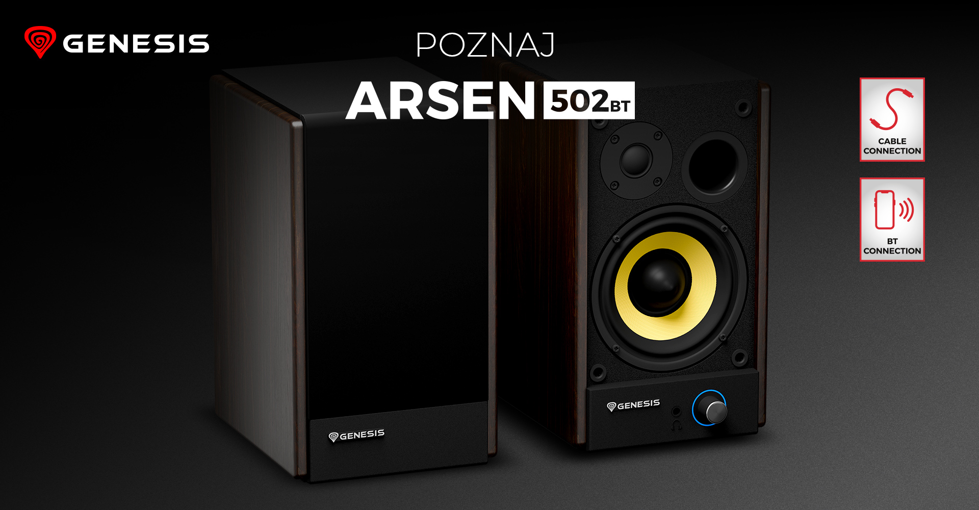 Dwa głośniki audio o czarnym designie i żółtym stożku głośnika z przodu.