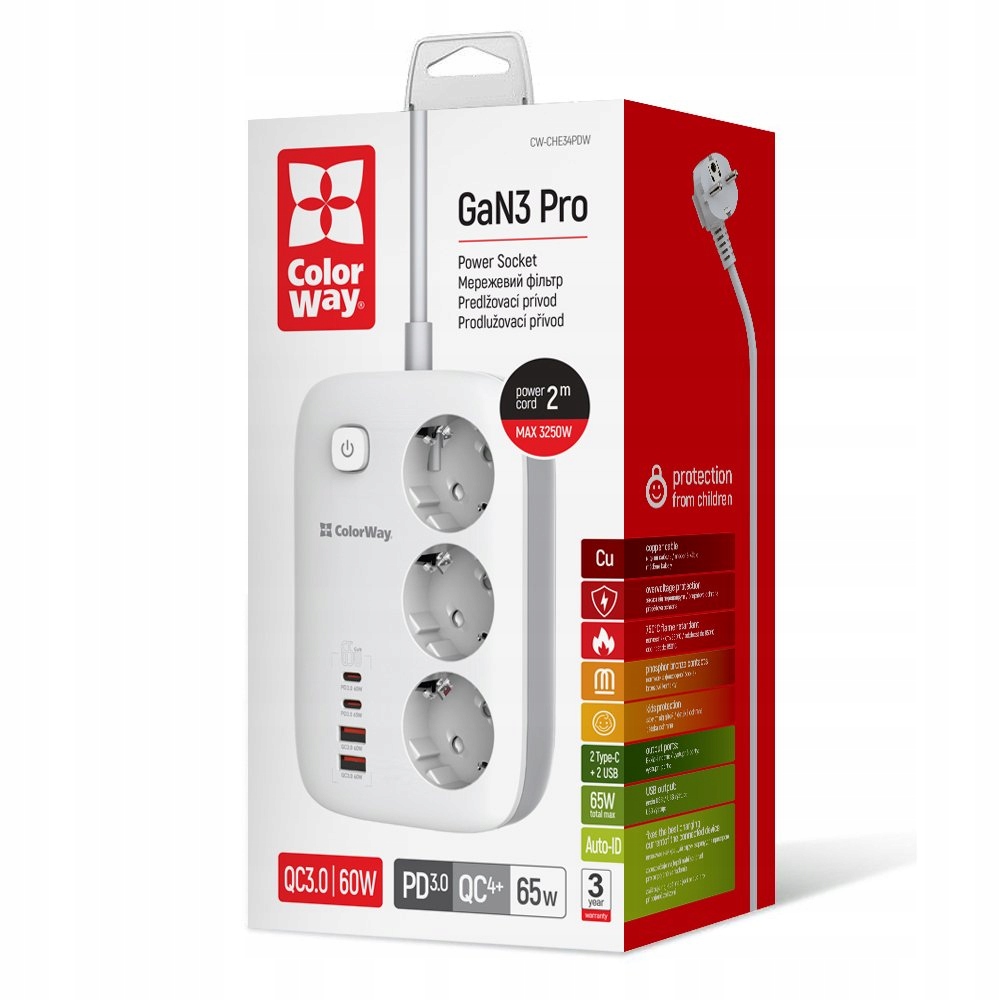 Colorway Przedłużacz Listwa zasilająca 3 gniazda/2USB +2 Type C 65W 2m (CWCHE34PDW) – Wydajne zasilanie dla Twoich urządzeń