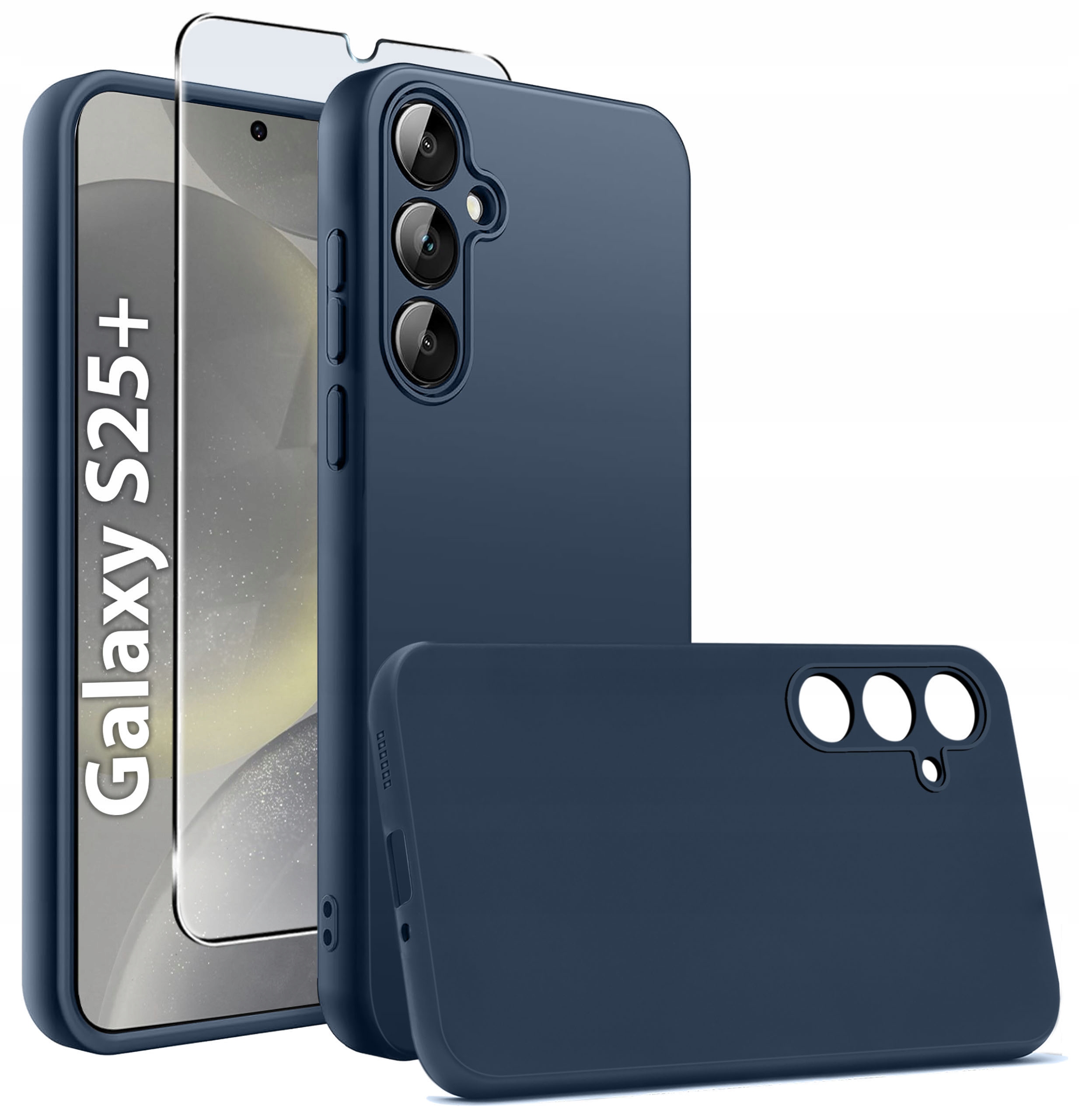 Etui do Samsung S25+ Plus CASE Gumowe GRANATOWE Matowe Silikon Slim +SZKŁO – Ochrona i styl w jednym