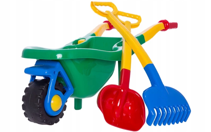 Idealny Zestaw dla Małych Ogrodników – Taczka, Łopata i Grabie