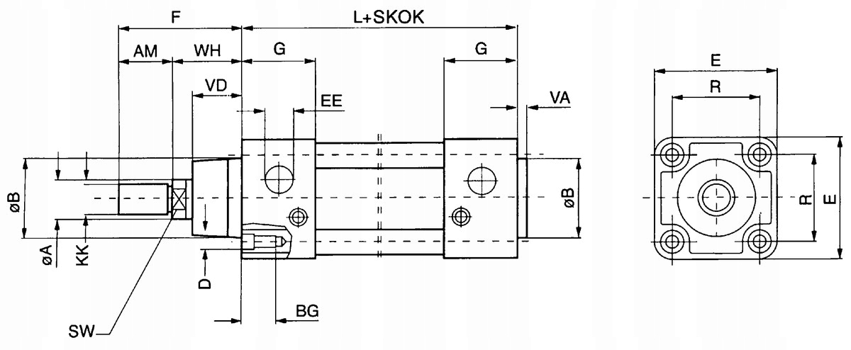 Wymiary i zakres skoków siłownika D32x450