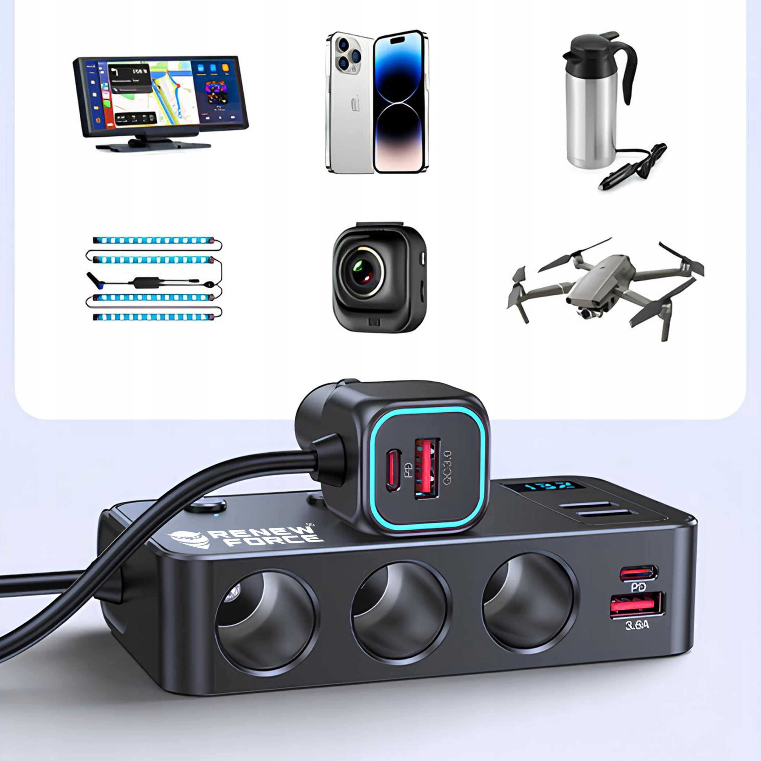 Nowoczesny rozdzielacz zapalniczki z szybkim ładowaniem USB