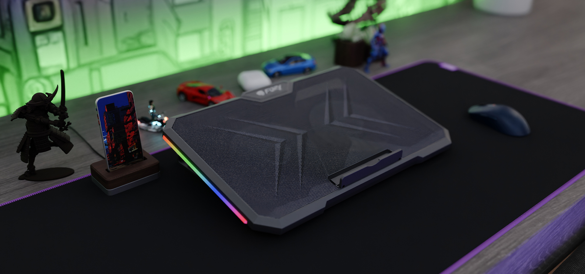 Podkładka chłodząca pod laptopa z dwoma wentylatorami, oświetleniem RGB i dwoma portami połączeniowymi na biurku