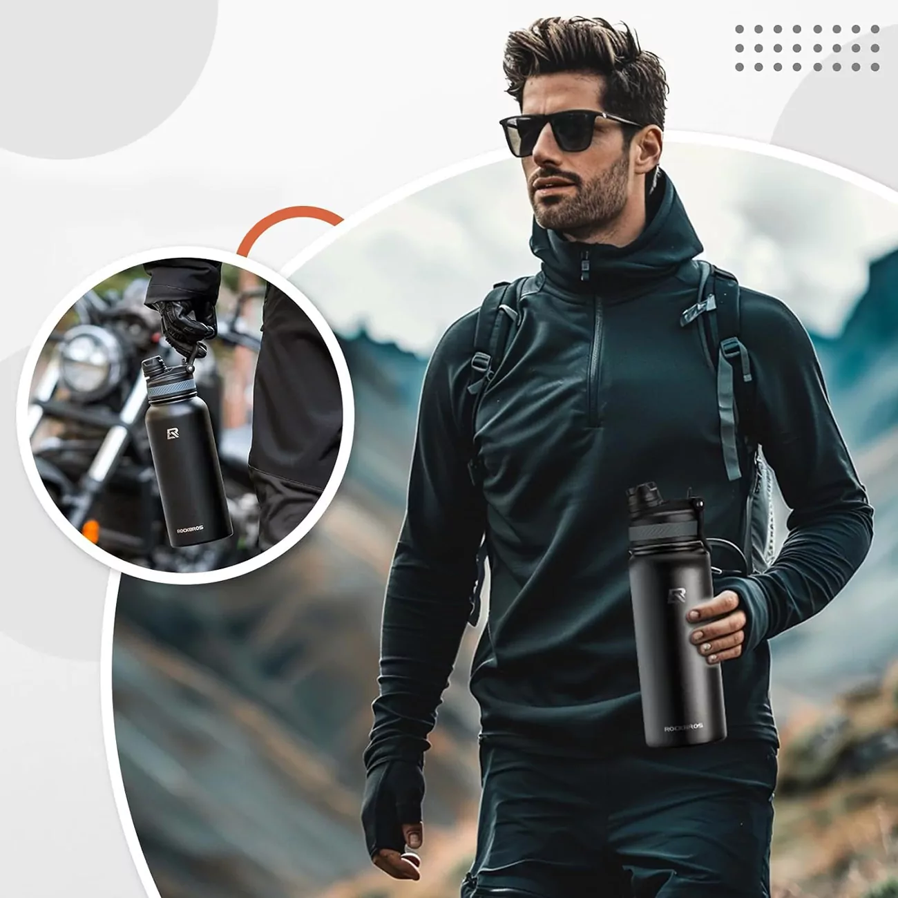Mężczyzna trzymający butelkę terrmiczną Rockbros 35210029001 podczas hikingu