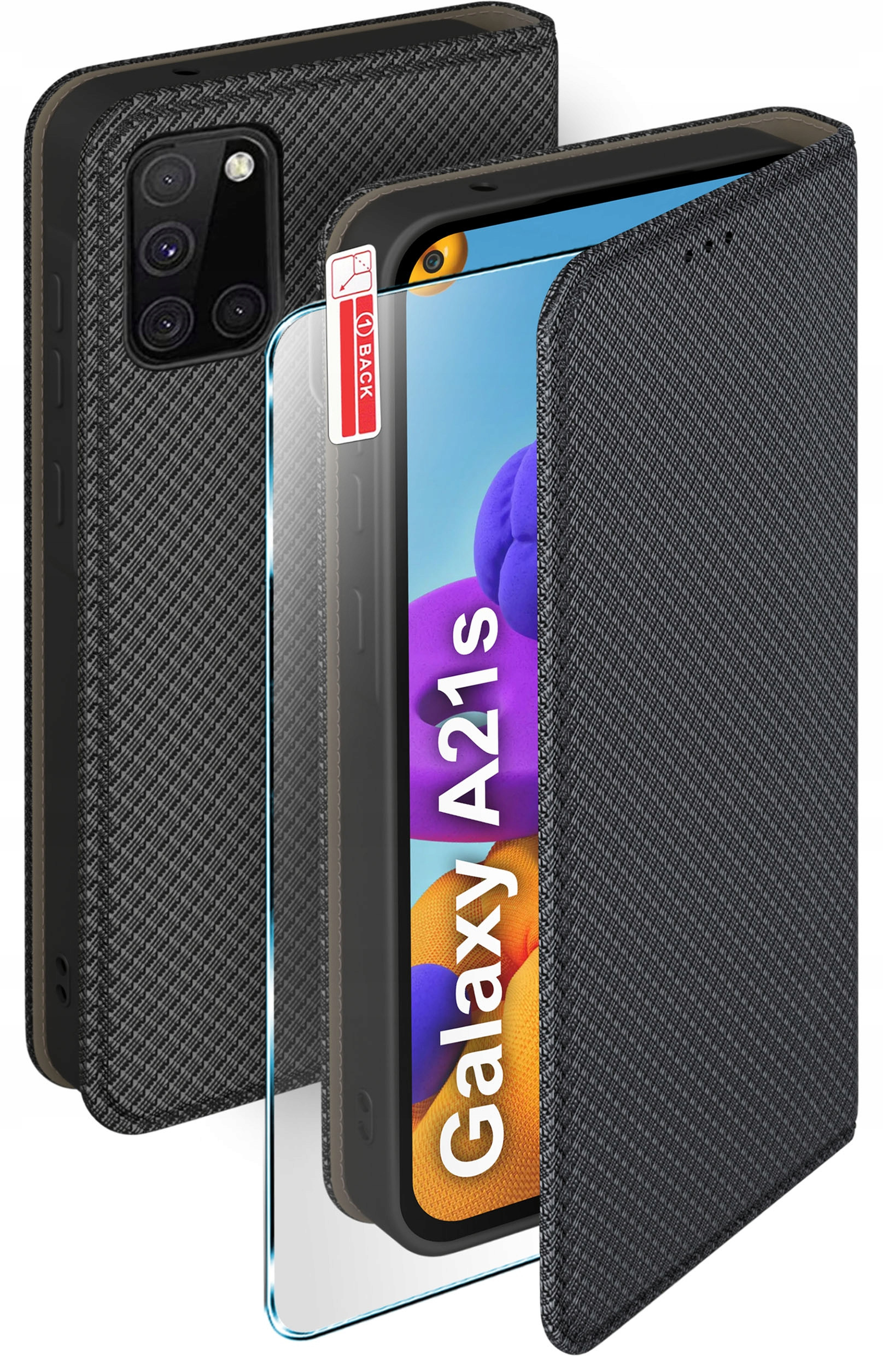 Etui z klapką do Samsung A21s Zamykane Czarne Futerał + Szkło 9H – Ochrona i styl w jednym
