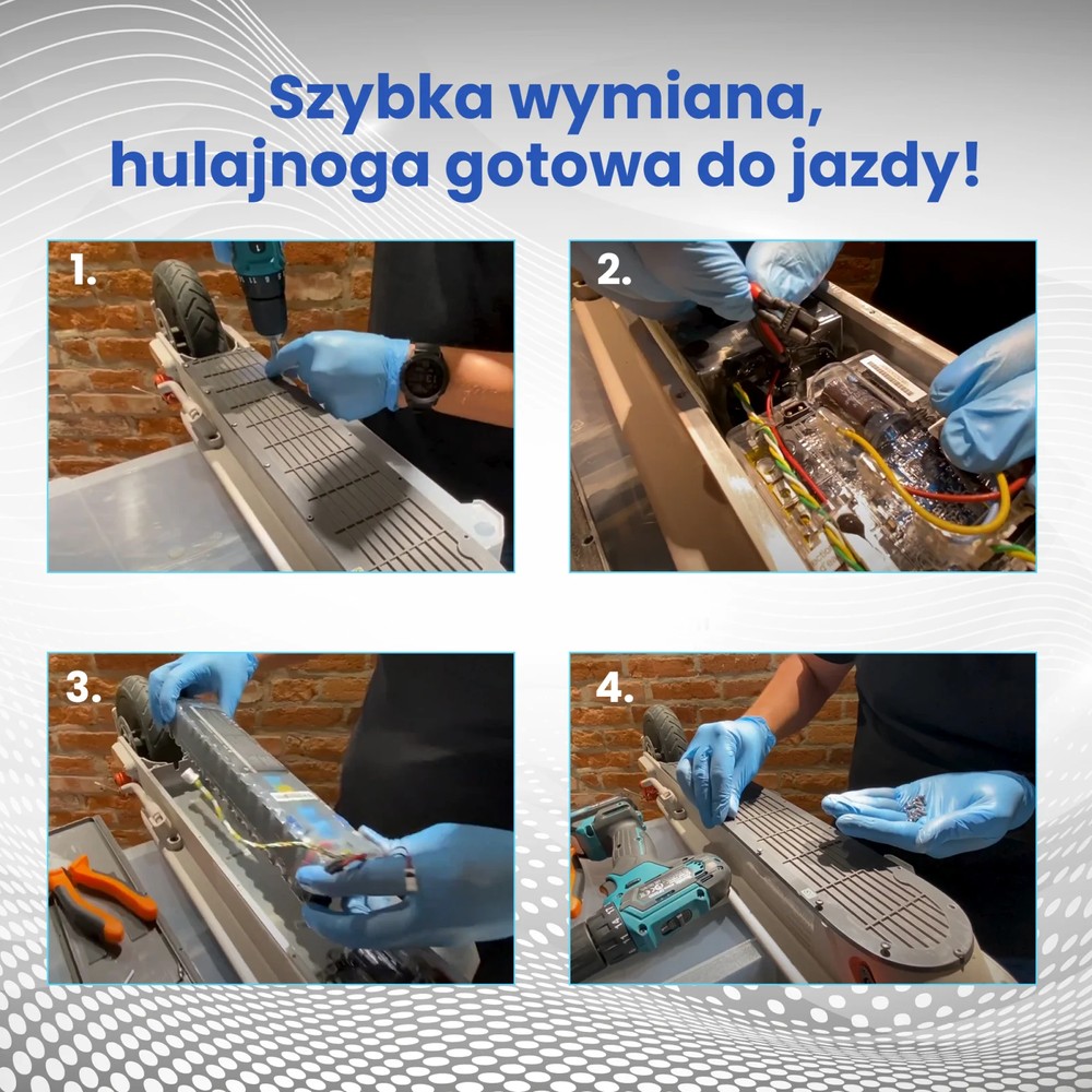 cztery obrazy pokazujące kroki wymiany baterii w hulajnodze xiaomi
