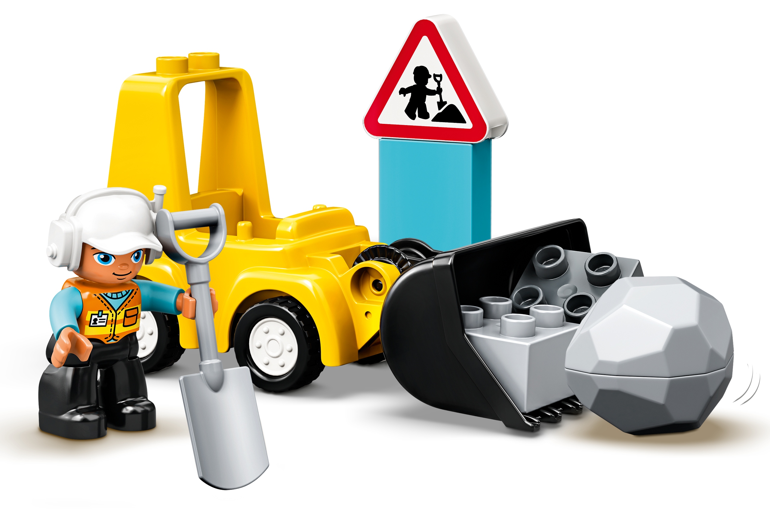 Ruchomy buldożer i figurka robotnika budowlanego