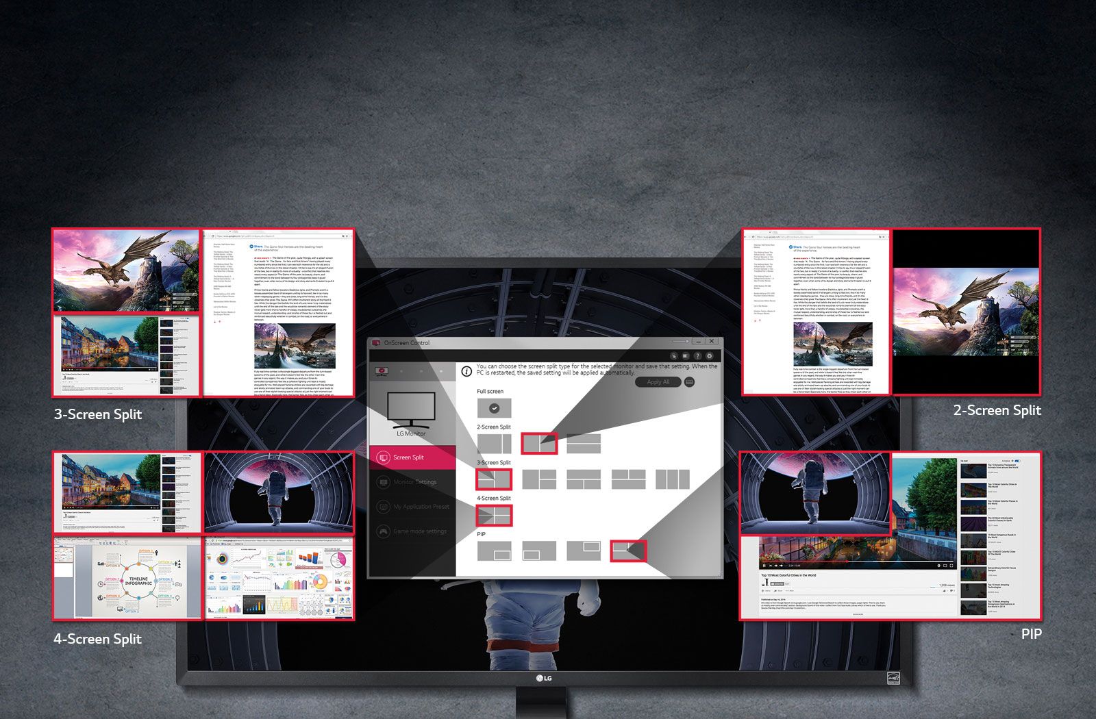 Liczne opcje dzielenia ekranu jednym przyciskiem