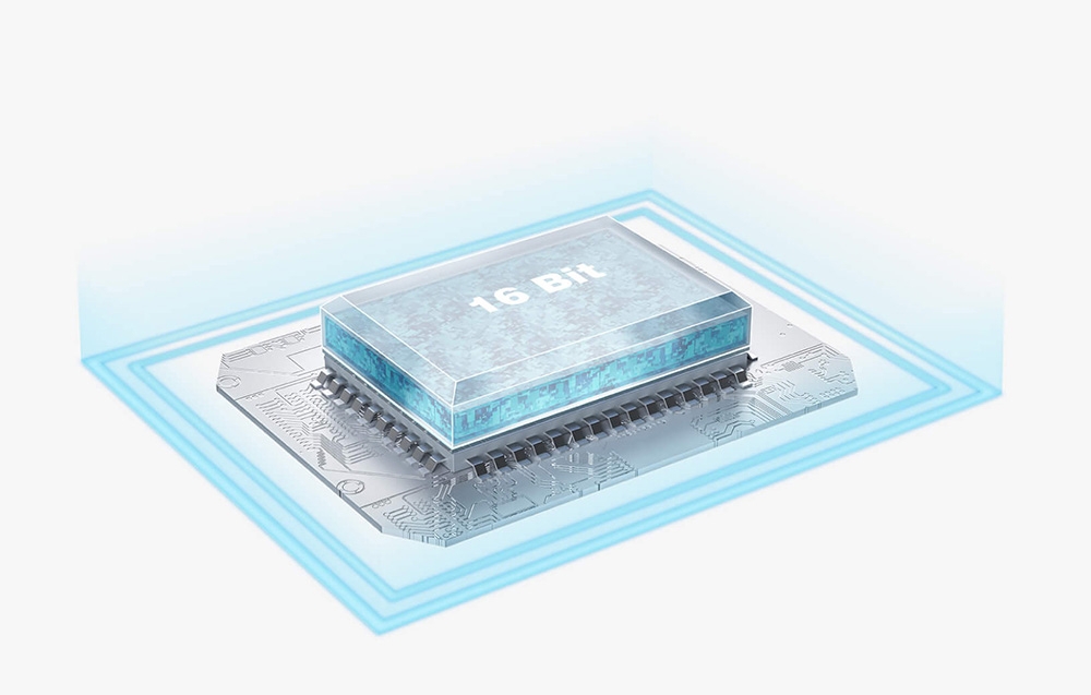 Niebieski chip z białym napisem 16 Bit.