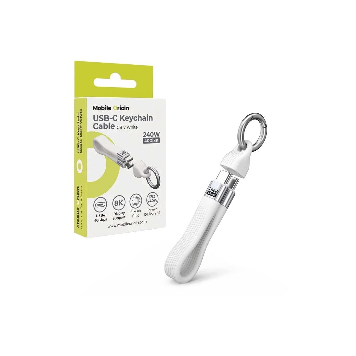 Mobile Origin 240W 40Gbps 8K USB-C Keychain Cable CB17 White – Niezawodne połączenie w zasięgu ręki