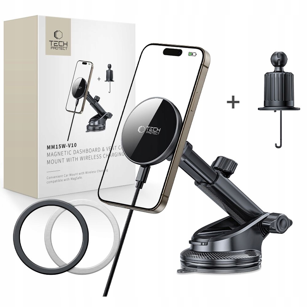 TECH-PROTECT MM15W-V10 MAGNETYCZNY UCHWYT SAMOCHODOWY Z ŁADOWARKĄ BEZPRZEWODOWĄ 15W
