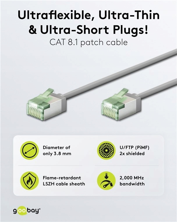 Supercienki kabel LAN z krótkimi złączami RJ45