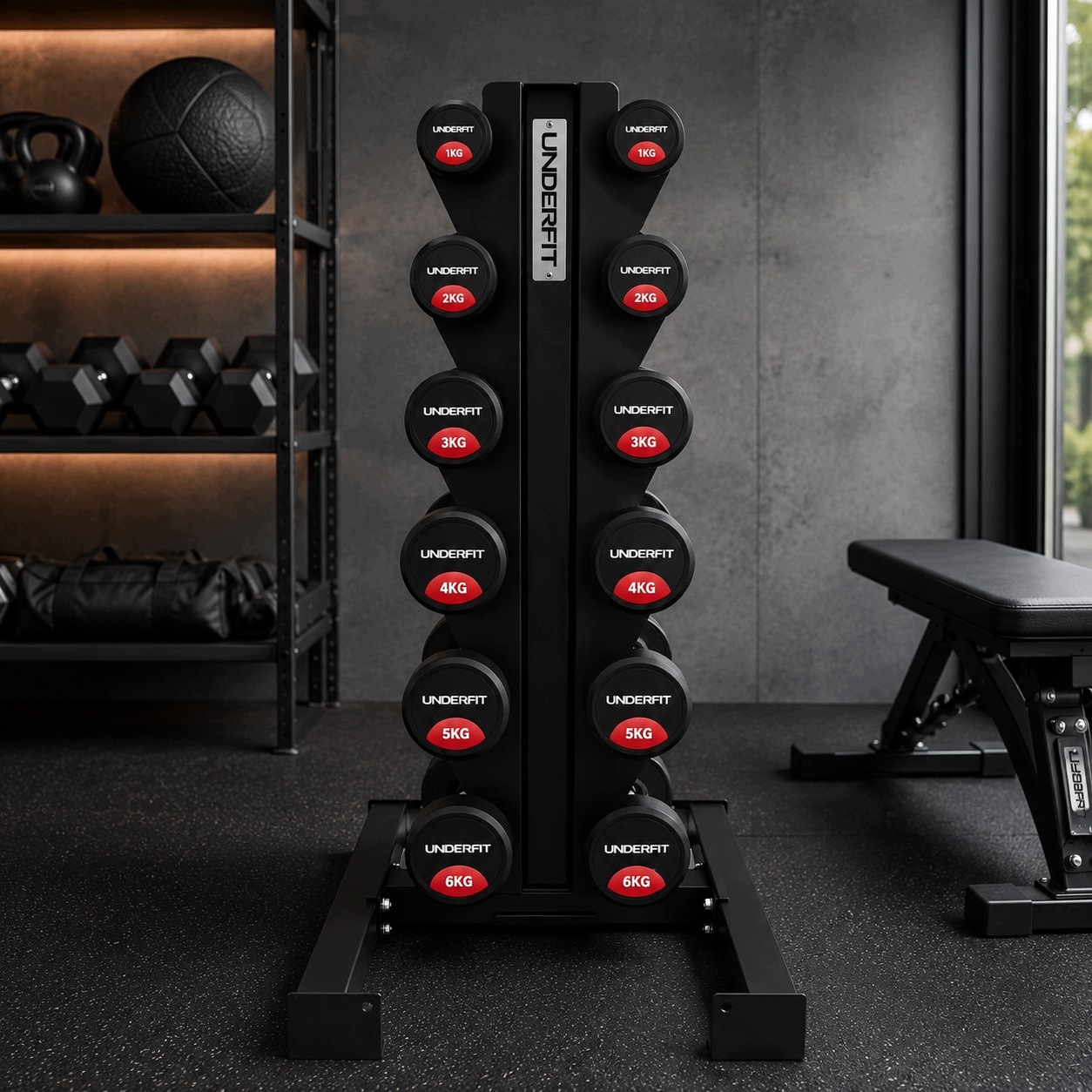 Zestaw hantli gumowanych 1-6 kg ze stojakiem pionowym 6 par UNDERFIT – Idealny do Twojej siłowni