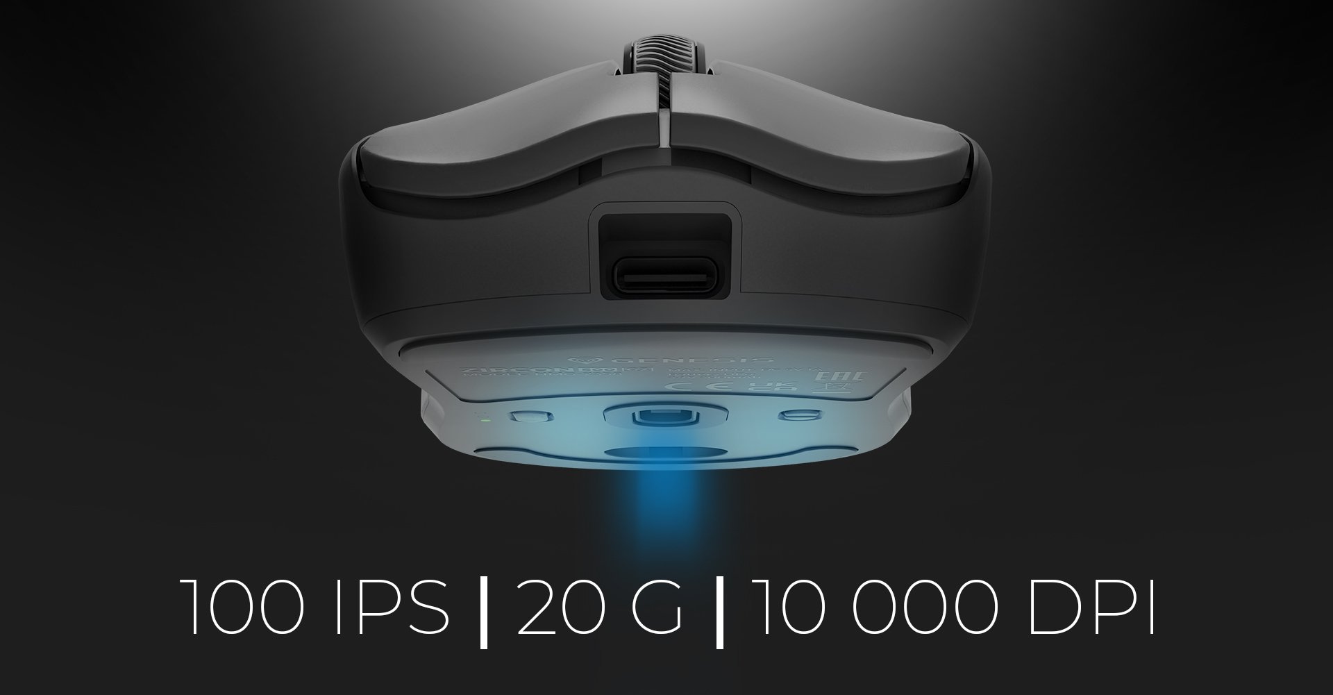 Czarna bezprzewodowa mysz do gier z 10 000 DPI, prezentująca specyfikacje takie jak 100 IPS i 20 G na spodzie.