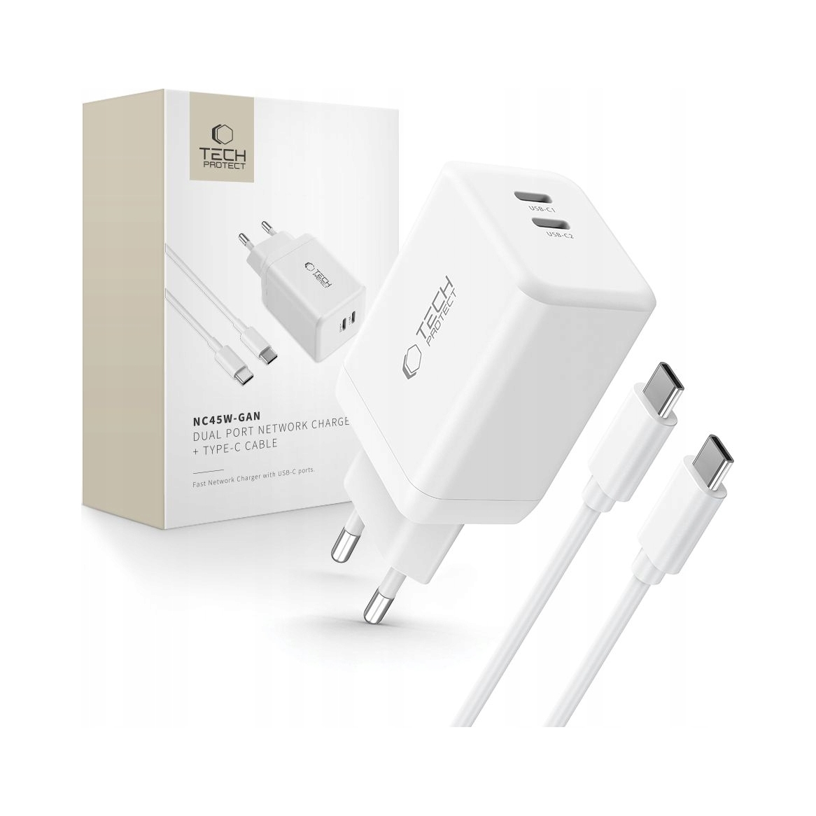 Ładowarka sieciowa Tech-Protect NC45W-GAN 2-portowa PD45W + kabel USB-C – Szybkie ładowanie w zasięgu ręki