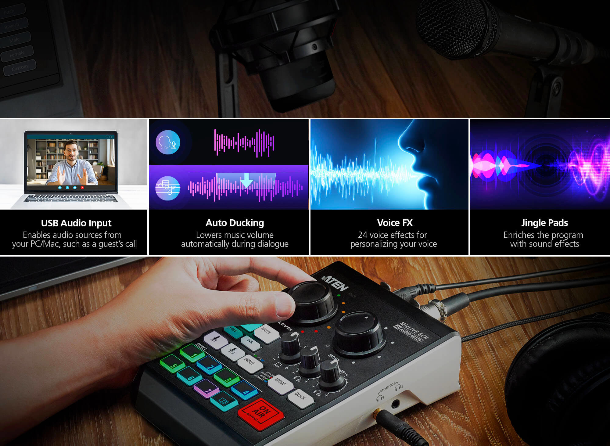 Funkcja Auto Ducking dla profesjonalnego brzmienia