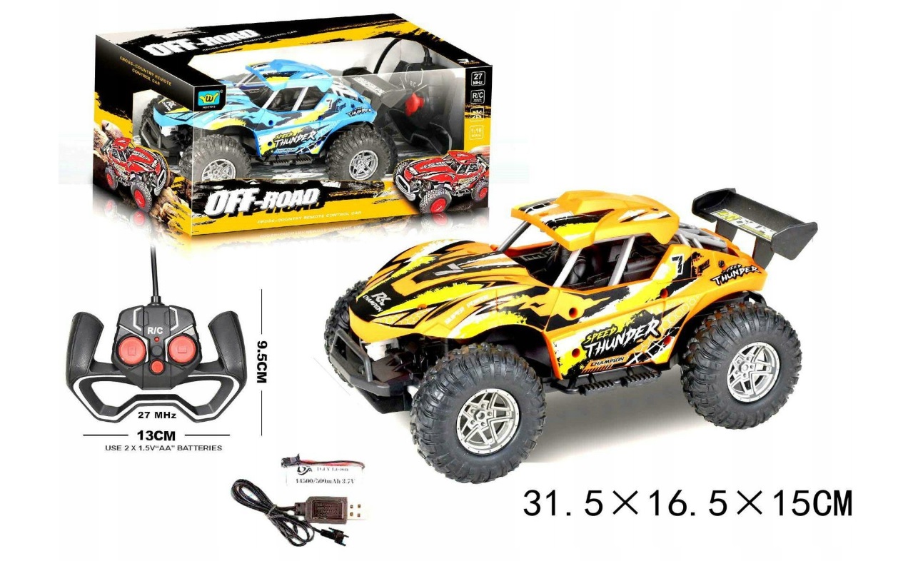 Zestaw zawiera: auto, pilot, instrukcję i kabel USB