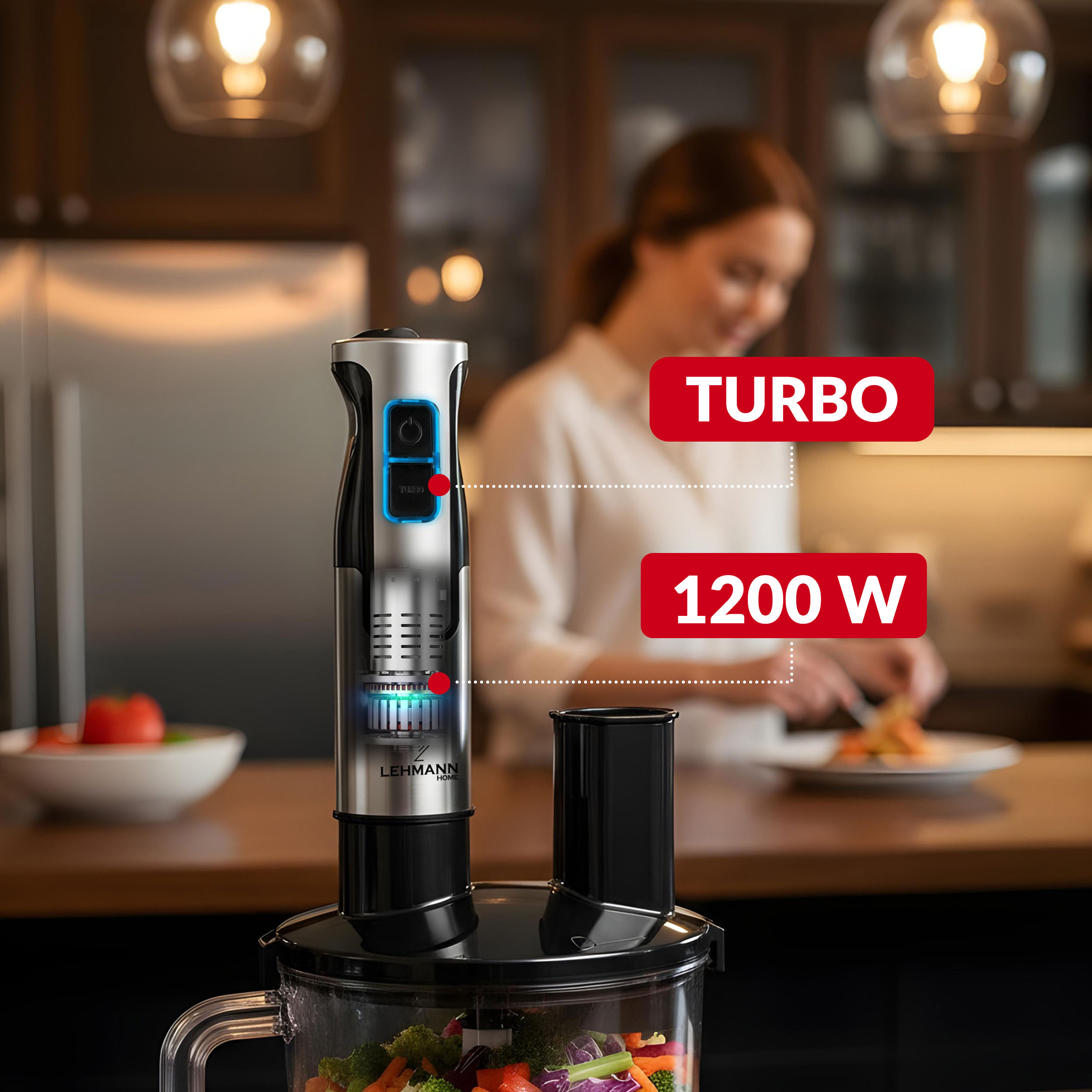 BLENDER RĘCZNY WIELOFUNKCYJNY MIKSER MOCNY TURBO OSTRZA ROZDRABNIACZ 1200W Prędkość obrotowa 15000 obr./min