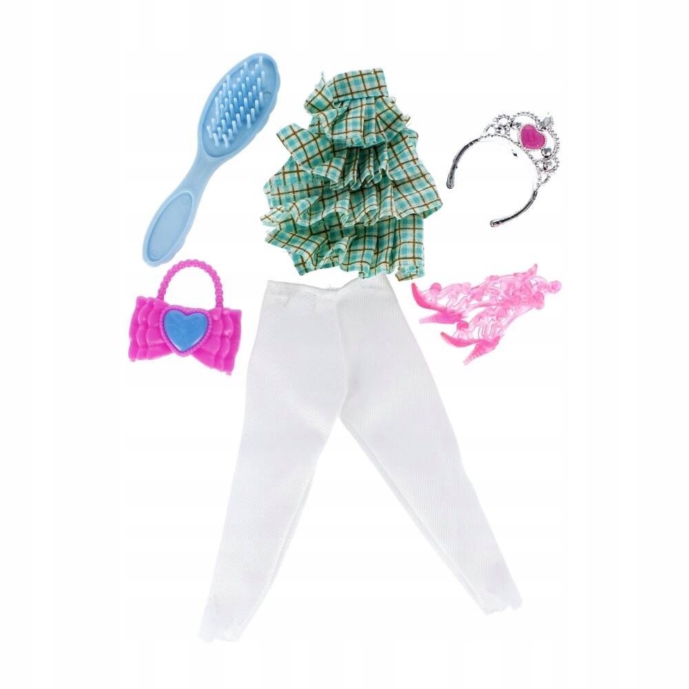 Zestaw akcesoriów: spodnie, bluzka, torebka i buty