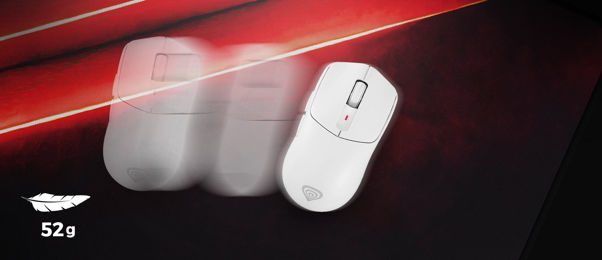 Biała bezprzewodowa mysz do gier z sensorem 10 000 DPI, lekką konstrukcją (52 g), pokazana w ruchu na teksturowanej podkładce pod mysz