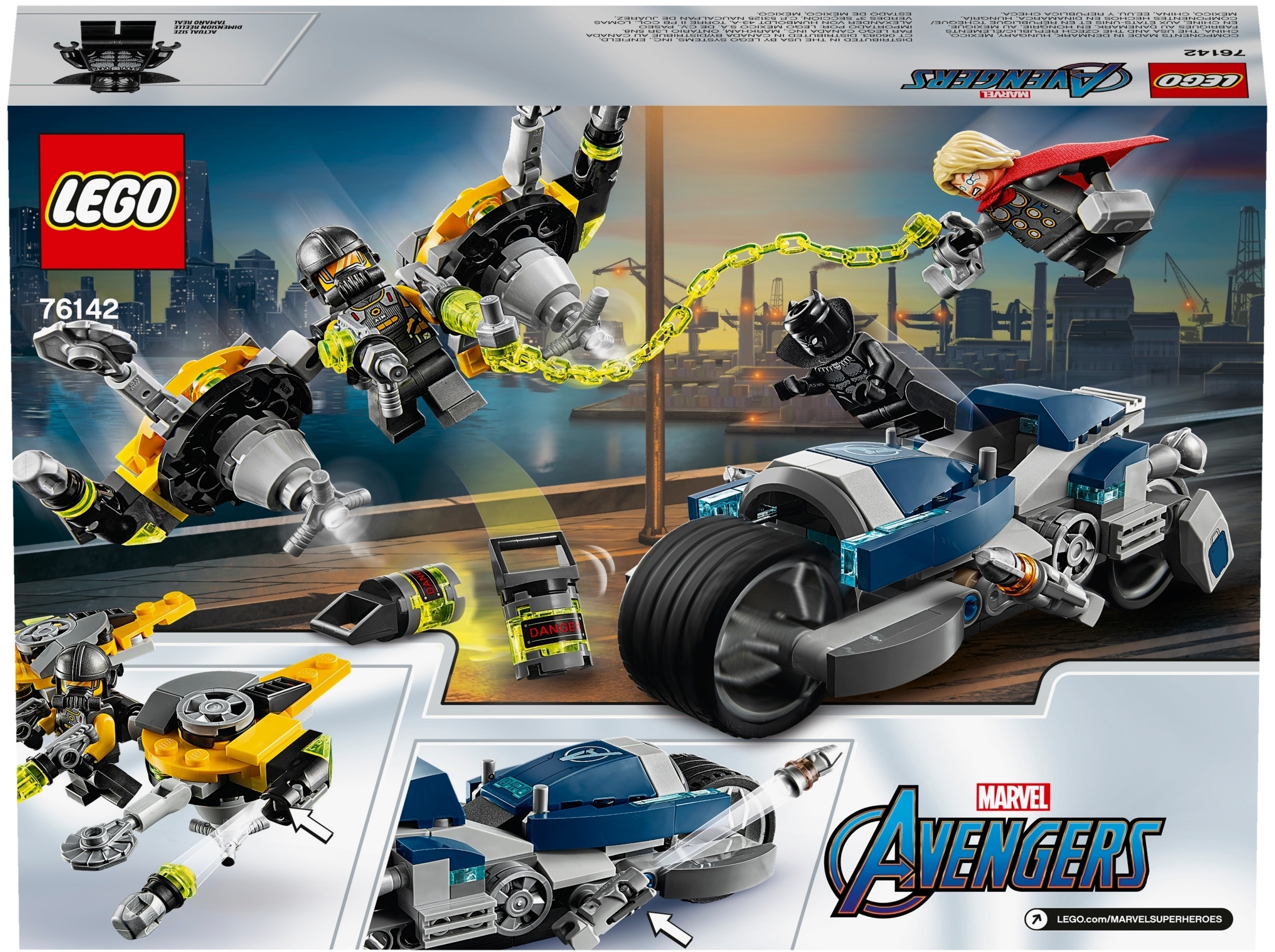 Trzy minifigurki LEGO – Czarna Pantera, Thor i agent AIM