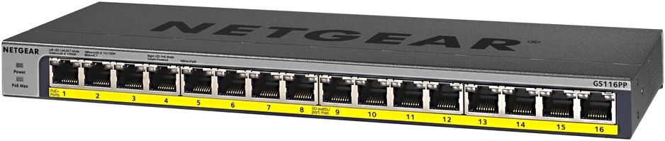 16 portów Gigabit Ethernet z funkcją PoE+