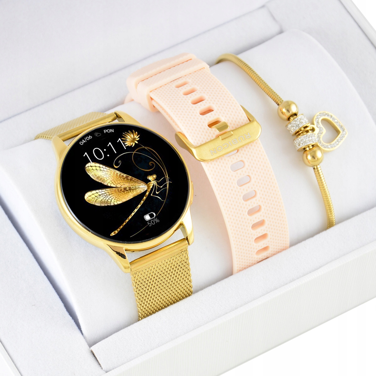 Zestaw damski zegarek SMARTWATCH Rubicon RNCF30 złoty + bransoletka – Elegancja i funkcjonalność w jednym