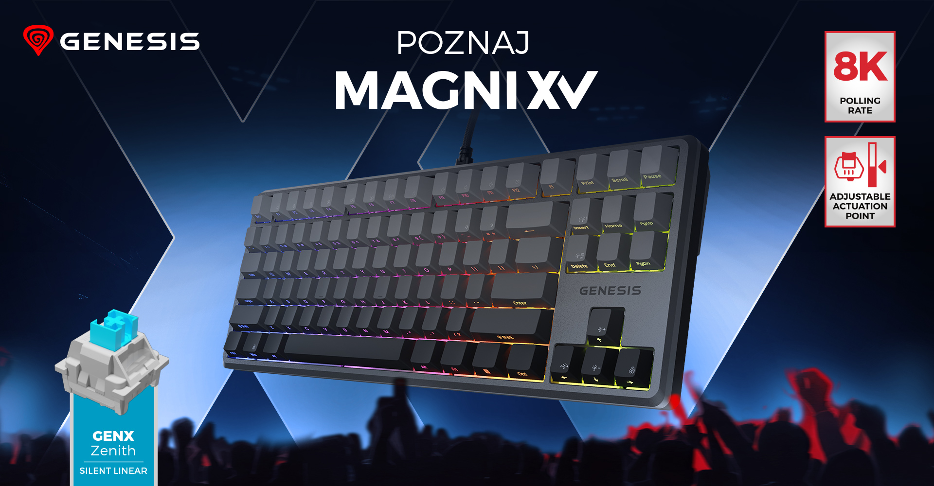 Klawiatura gamingowa z podświetleniem RGB i mechanicznymi klawiszami w eleganckim designie.