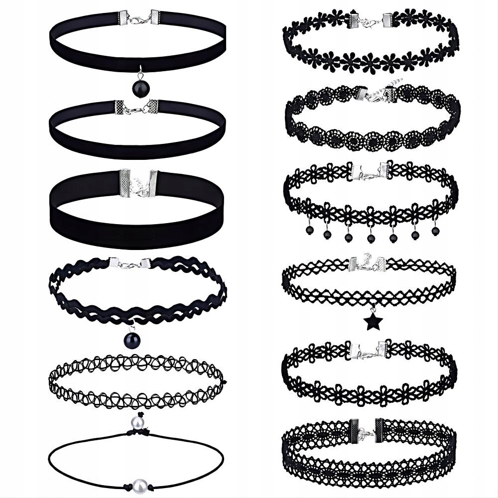 CHOKER KLASYCZNY NASZYJNIK Tatuaż Komplet Zestaw 12 sztuk RÓŻNE WZORY – Styl i elegancja w jednym